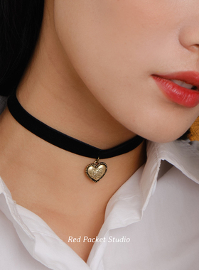 红口袋 复古甜美爱心短款丝绒锁骨链choker日韩新款颈带潮人项链