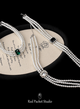 红口袋法式复古赫本风优雅多层珍珠项链仿制黑宝石吊坠颈链choker