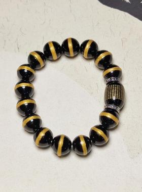 金色大漆一线药师烫金般若心经黑玛瑙铜六字真言隔片男女串珠手链