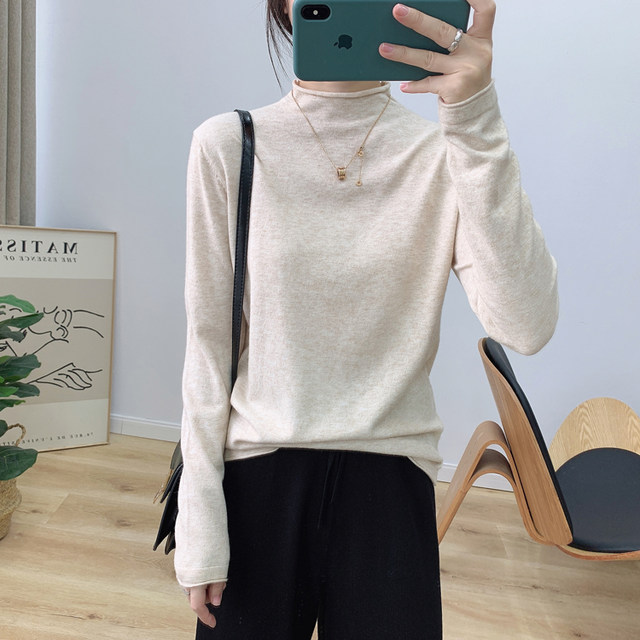 Minimal, soft, glutinous, delicate wool rolling edge half -neck sweater, women's autumn and winter loose, thin bottom sweater