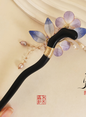 非遗手工掐丝绒花梅花古风花朵发簪珍珠流苏檀木簪精致簪子中国风