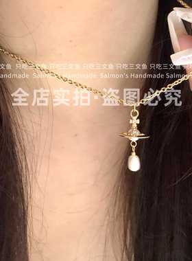 三文鱼Acc天然珍珠锁骨链金色