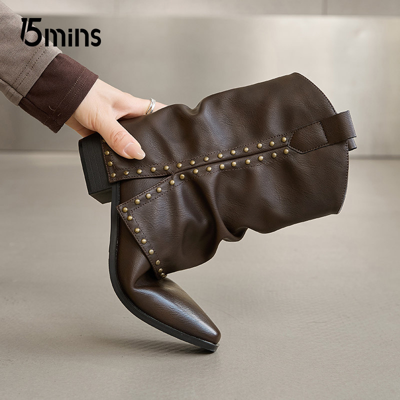 15mins西部牛仔靴中筒靴女2026春季新款裤管靴铆钉高跟尖头堆堆靴,淘宝优惠券,粉丝福利购,淘宝优惠卷