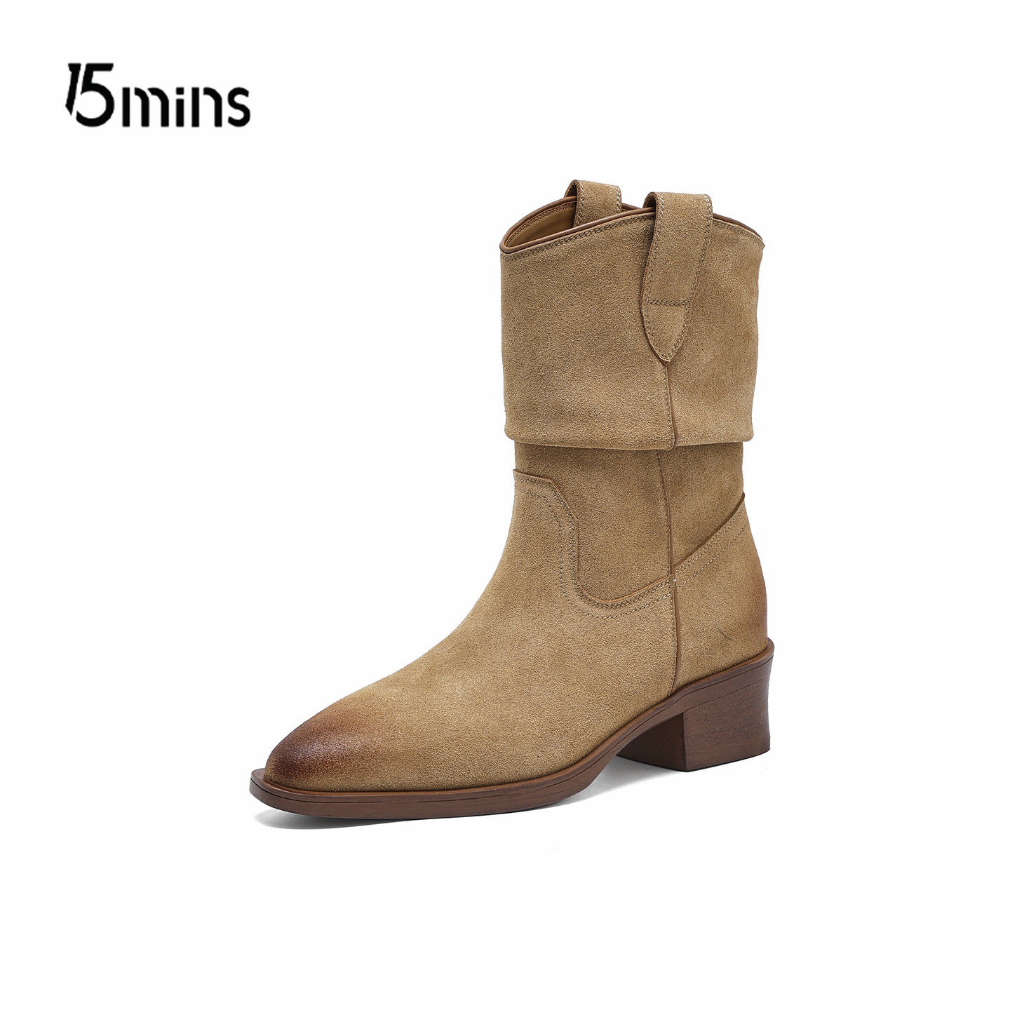 15mins复古尖头堆堆靴女2025新款秋冬加绒褶皱瘦瘦靴美拉德西部靴,淘宝优惠券,粉丝福利购,淘宝优惠卷