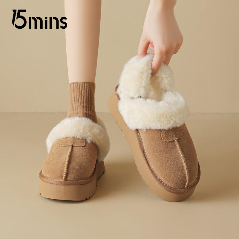 15mins厚底雪地靴女2025新款加绒保暖低帮勃肯鞋一脚蹬毛茸茸棉鞋 - 图1