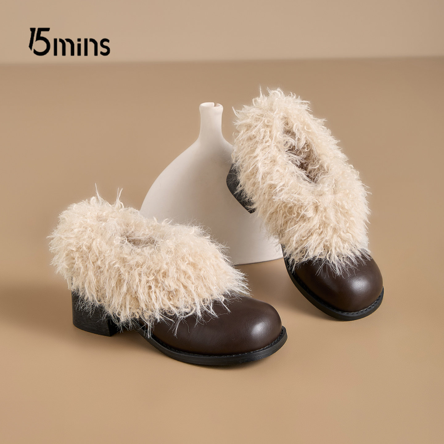 15mins方头毛毛鞋女一脚蹬复古加绒保暖玛丽珍小皮鞋棉鞋粗跟单鞋,淘宝优惠券,粉丝福利购,淘宝优惠卷