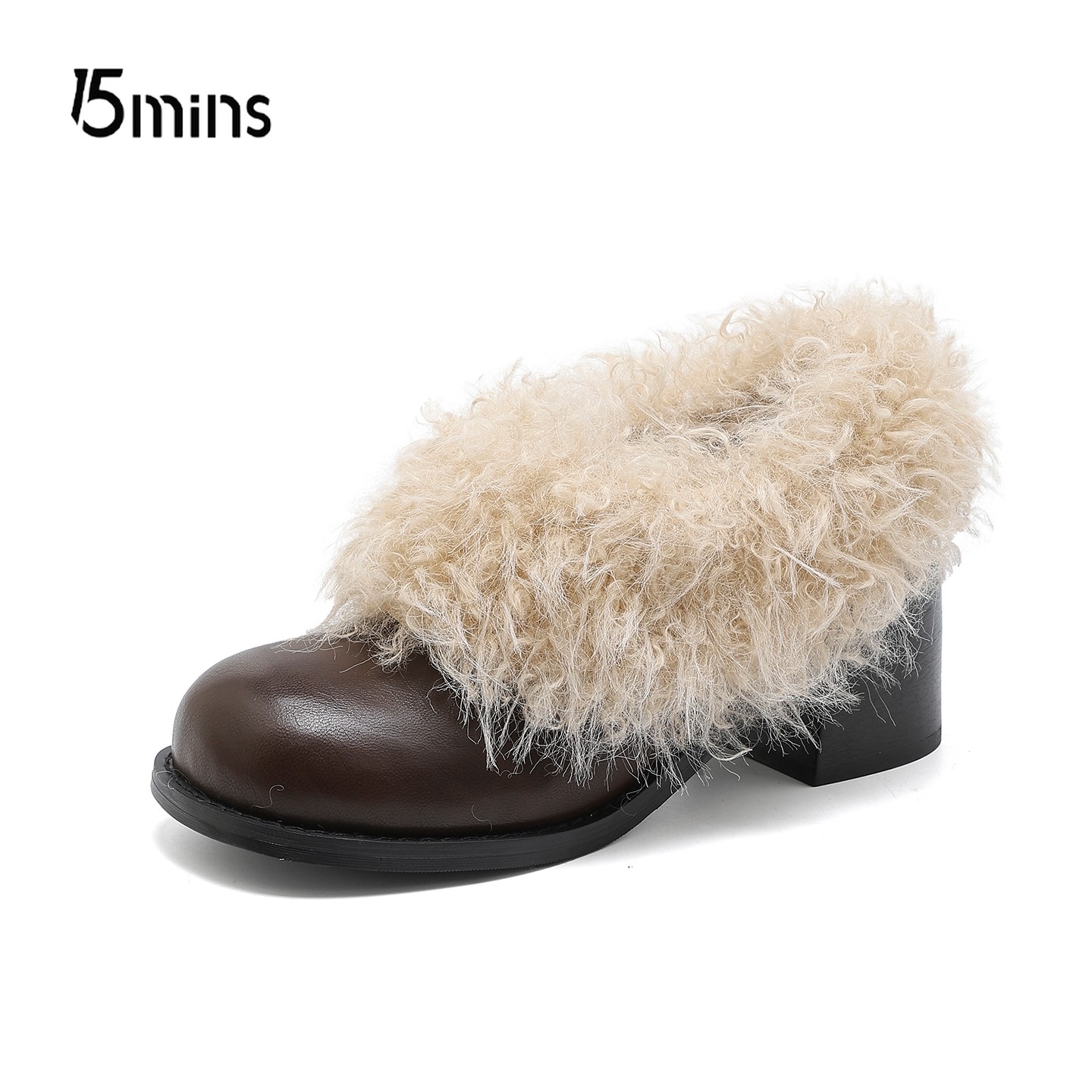 15mins方头毛毛鞋女一脚蹬复古加绒保暖玛丽珍小皮鞋棉鞋粗跟单鞋,淘宝优惠券,粉丝福利购,淘宝优惠卷