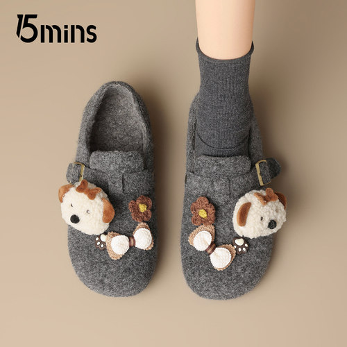 15mins毛绒勃肯鞋女2025冬季新款卡通装饰软底一脚蹬懒人棉鞋外穿 - 图3