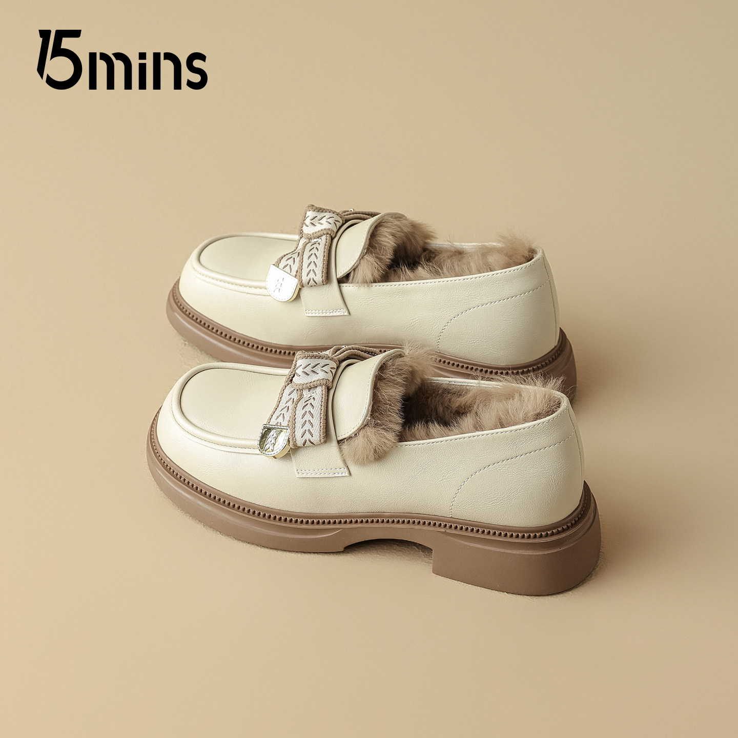 15mins厚底加绒乐福鞋女2025秋冬新款粗跟单鞋加厚保暖白色小皮鞋,淘宝优惠券,粉丝福利购,淘宝优惠卷