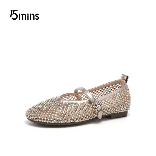 15mins水钻网纱玛丽珍鞋女2026夏新款一字扣软底透气镂空浅口单鞋 - 图0