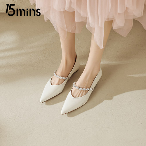 15mins法式尖头一字带平底单鞋钻饰通勤百搭气质舒适软底优雅女鞋 - 图0