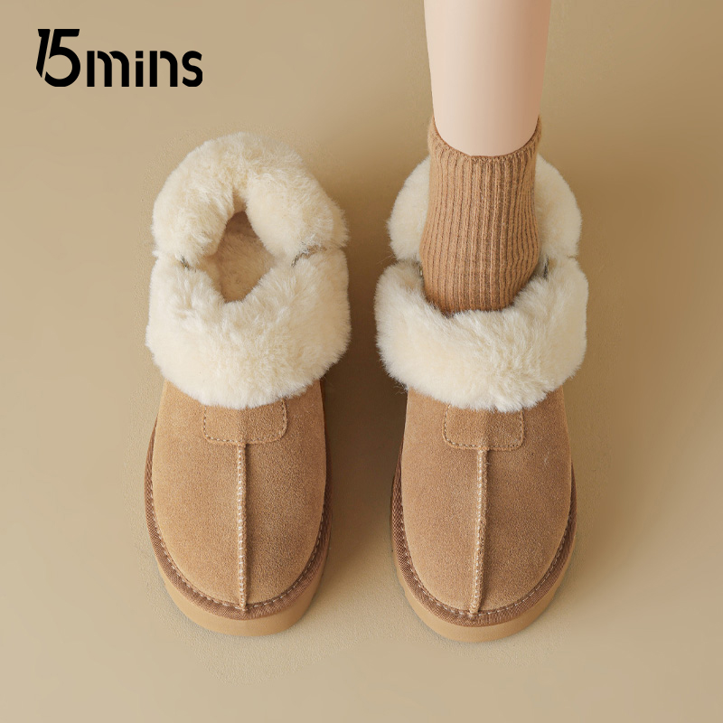 15mins厚底雪地靴女2025新款加绒保暖低帮勃肯鞋一脚蹬毛茸茸棉鞋 - 图0