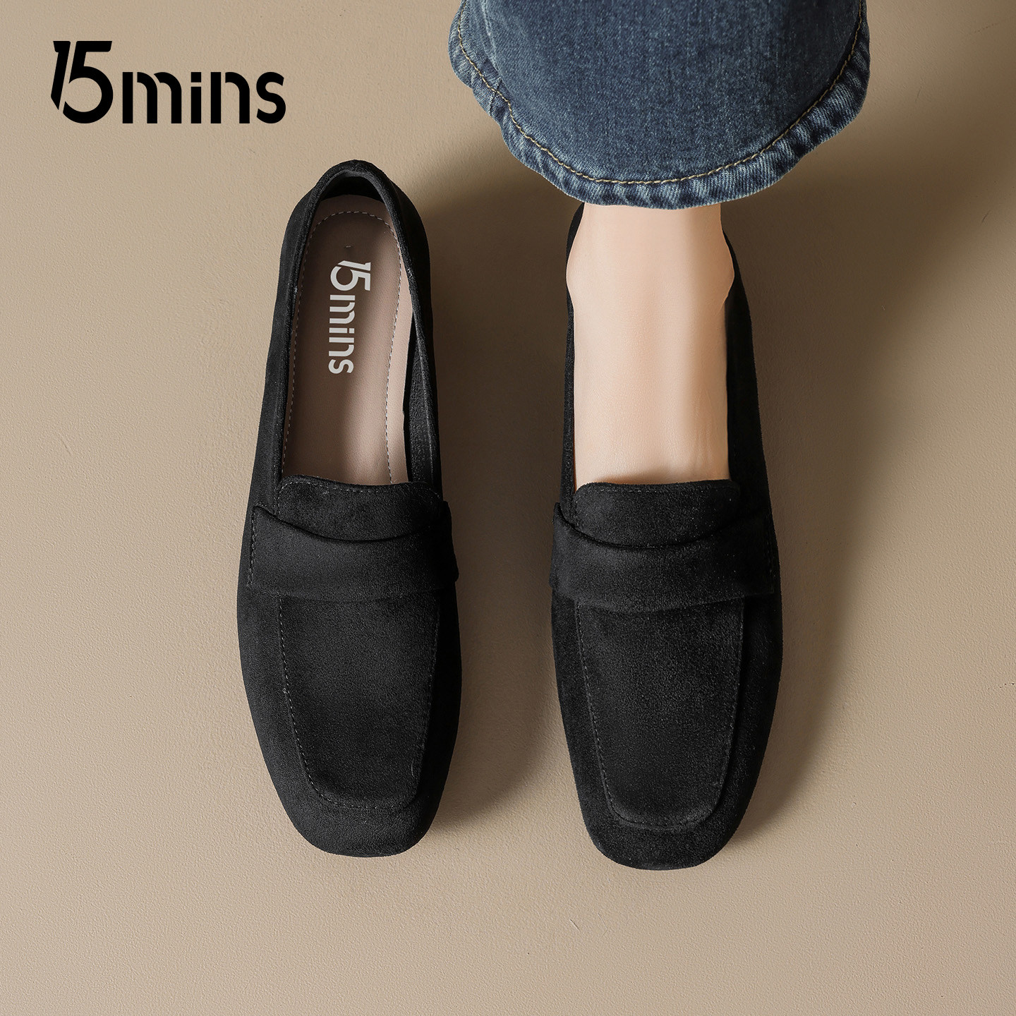 15mins黑色方头乐福鞋女2025秋冬新款复古风简约潮流绒面豆豆鞋子,淘宝优惠券,粉丝福利购,淘宝优惠卷