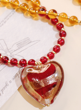 myzoo夸张大爱心红色条纹项链琉璃串珠复古欧美锁骨链配饰女生