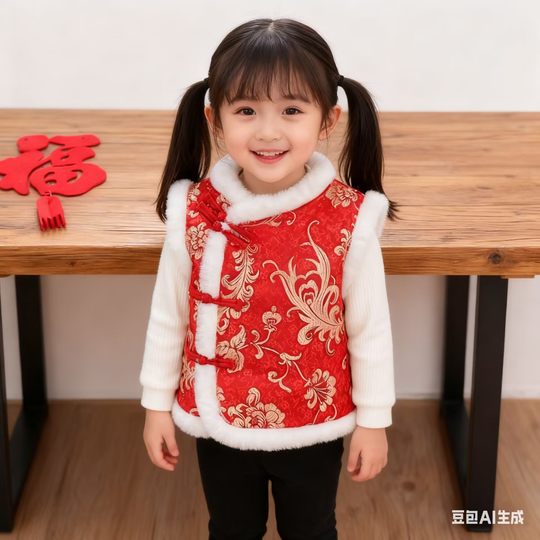 宝宝过年服唐装马甲加绒加厚婴儿新年装汉服男童女童国风拜年背心