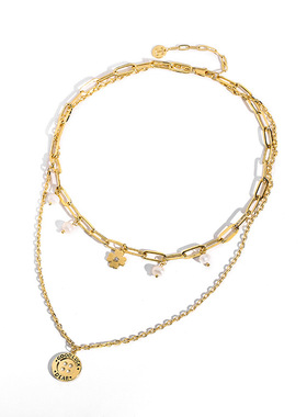 戴拉时尚潮纽扣四叶花双层项链