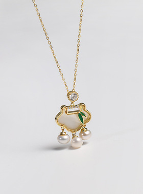 戴拉925银淡水珍珠长命锁项链