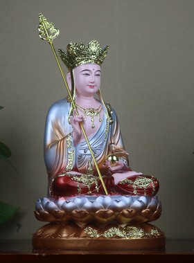 铜彩红衣地藏王七彩绿莲菩佛像供奉家用客厅平安摆件大愿地藏菩萨