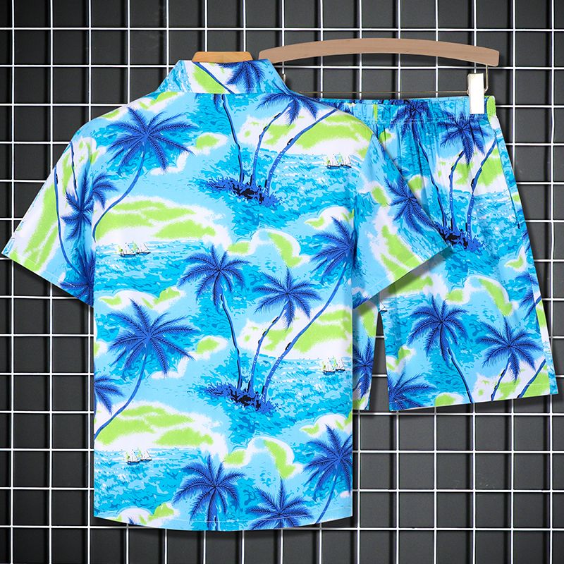 夏季男棉质短袖花衬衫套装夏威夷沙滩服宽松休闲两件套外穿五分裤 - 图0