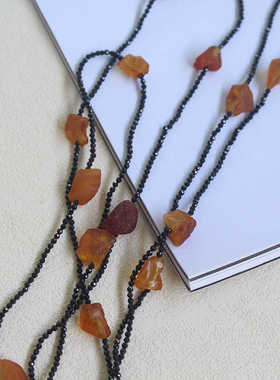 高端s925银扣天然黑尖晶石蜜蜡琥珀项链长款气质毛衣链优雅锁骨链