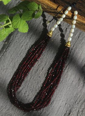 高级感天然酒红石榴石多层奢华大气礼服锁骨项链珍珠短毛衣链优雅