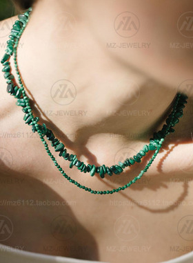小众复古绿色天然孔雀石项链