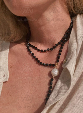 欧洲小众设计天然黑玛瑙长款珍珠