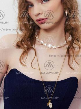 金色淡水巴洛克珍珠项链个性