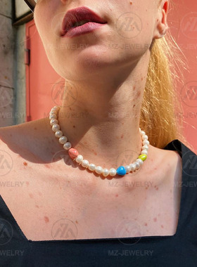 众淡水珍珠彩爱心项链时髦锁骨链