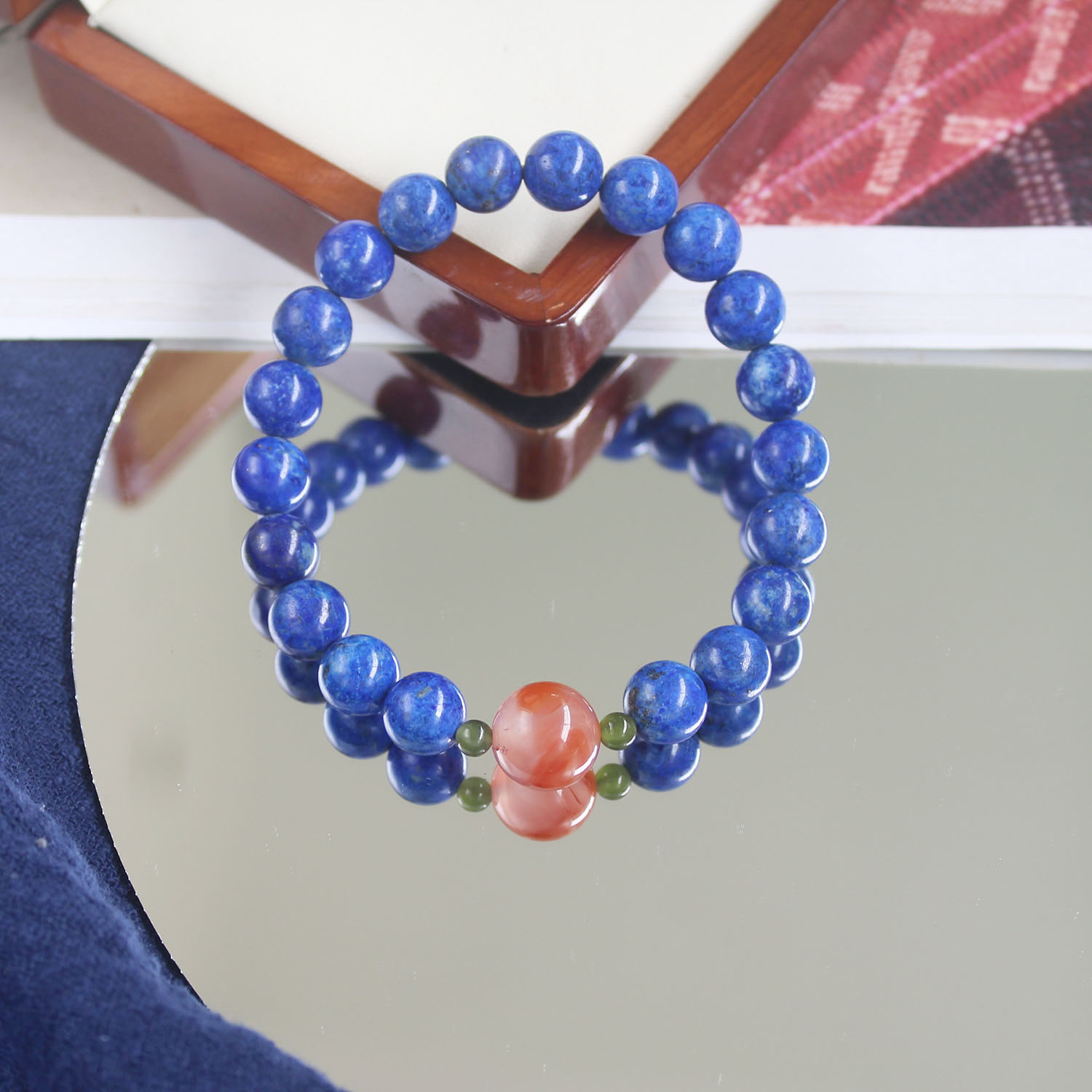 天然老矿青金石南红碧玉手链优雅宫廷复古配饰手串高端弹力转运珠 - 图0