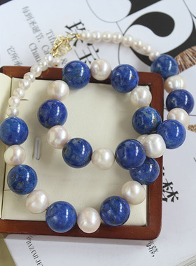 青金石珍珠项链大气复古女锁骨链
