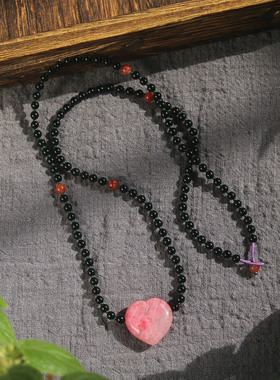 天然黑玛瑙南红编绳蔷薇爱心项链