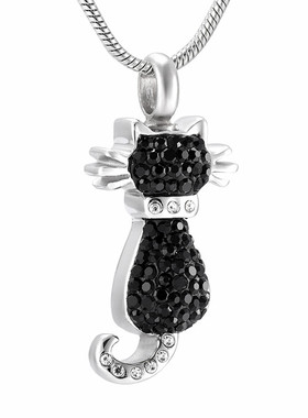 钛钢不掉色镶钻女可爱小猫项链可打开纪念亲人家人宠物骨灰盒吊坠