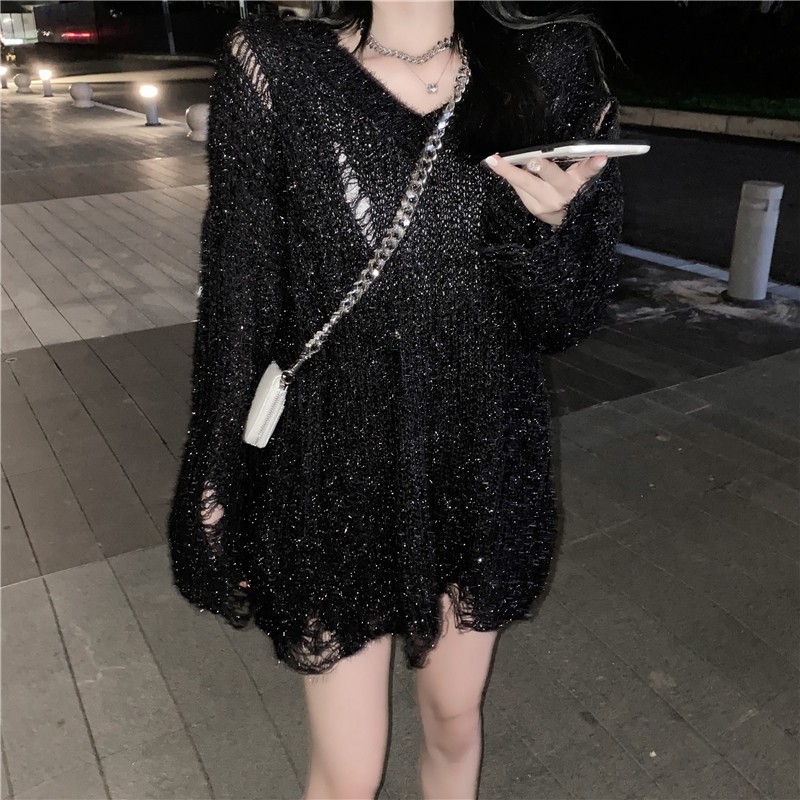 银色亮丝破洞毛衣女露肩上衣秋季新款宽松慵懒中长款针织衫秋冬早,淘宝优惠券,粉丝福利购,淘宝优惠卷