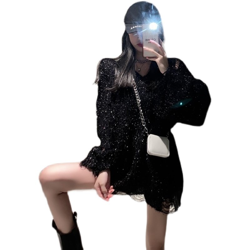 银色亮丝破洞毛衣女露肩上衣秋季新款宽松慵懒中长款针织衫秋冬早,淘宝优惠券,粉丝福利购,淘宝优惠卷