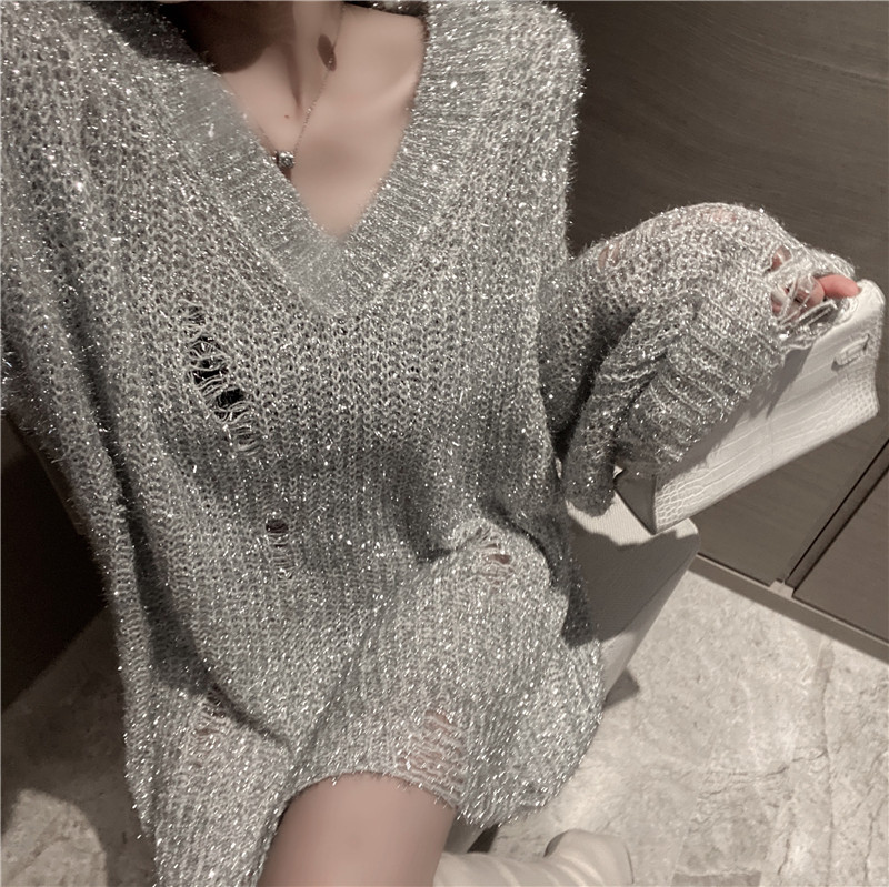 银色亮丝破洞毛衣女露肩上衣秋季新款宽松慵懒中长款针织衫秋冬早,淘宝优惠券,粉丝福利购,淘宝优惠卷