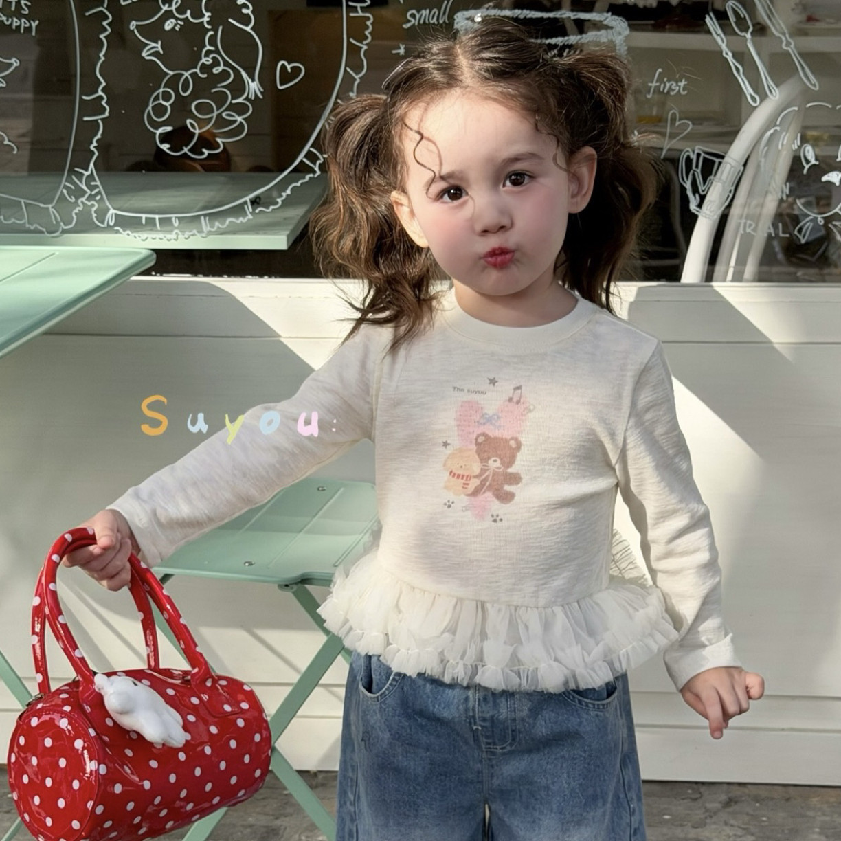 苏右 561055女童2026春款圆领卡通长袖拼纱T恤打底衫,淘宝优惠券,粉丝福利购,淘宝优惠卷