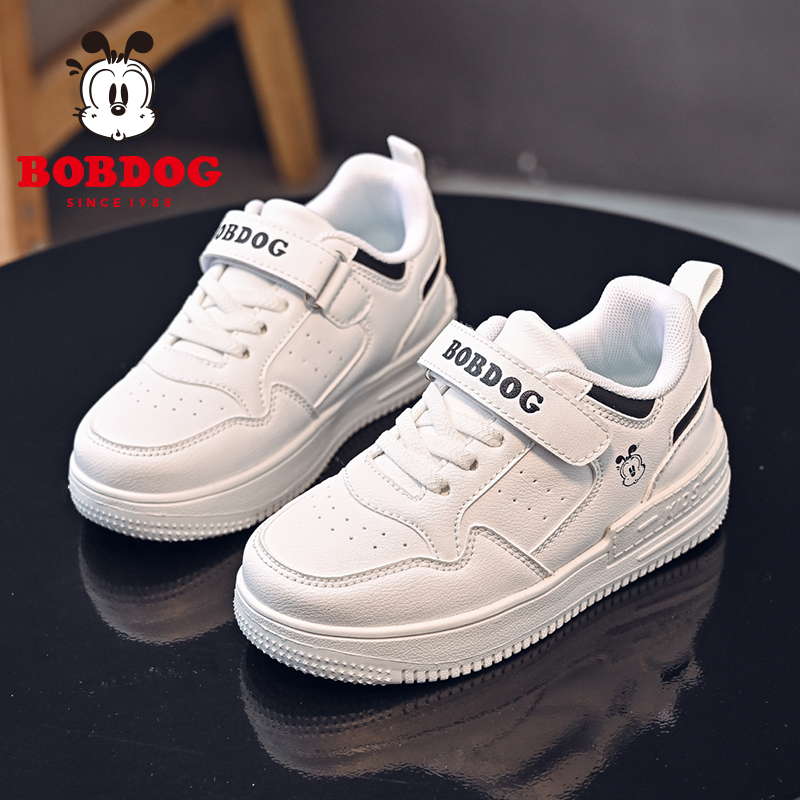 巴布豆童鞋2025春新款皮面男童小白鞋儿童运动鞋白色低帮女童板鞋 - 图0