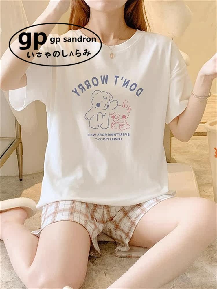 日本小众gp可爱卡通睡衣女夏季薄款纯棉短袖短裤格子老虎家居服套,淘宝优惠券,粉丝福利购,淘宝优惠卷