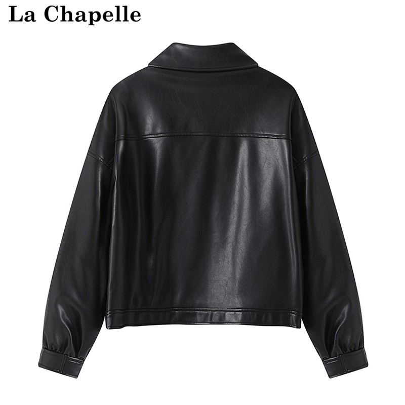 拉夏贝尔/La Chapelle黑色皮衣外套女秋季新款机车服宽松翻领外套