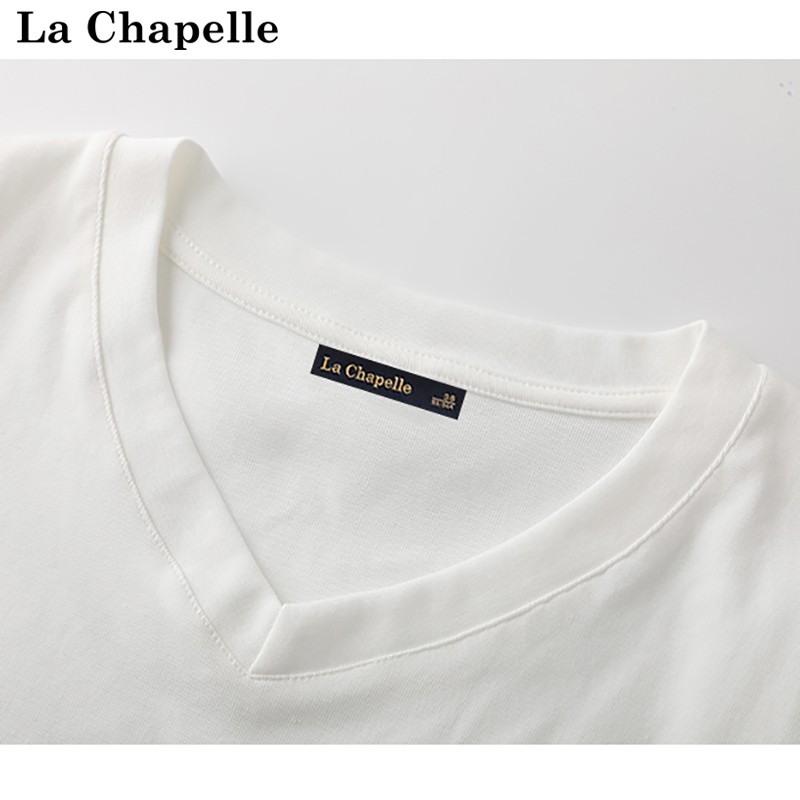 拉夏贝尔/La Chapelle夏新款正肩褶皱短袖T恤女V领修身显瘦短上衣 - 图1