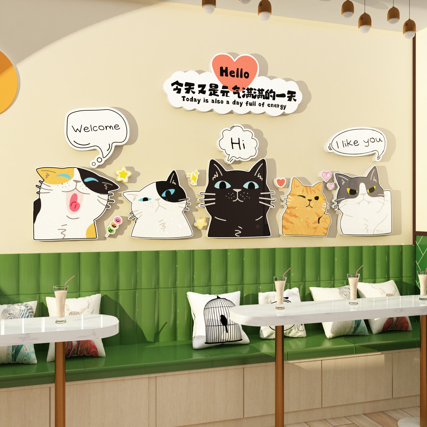 网红宠物店打卡背景墙面装饰修医院猫咖啡收银前吧台墙贴壁纸挂画