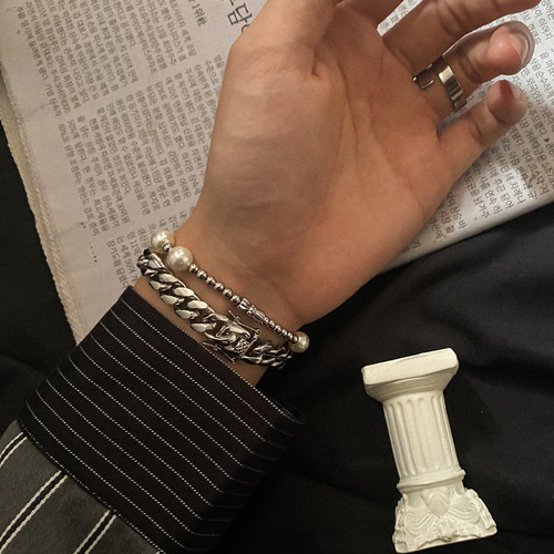 卡门 王一博同款潮牌嘻哈拼接珍珠手链男ins简约百搭冷淡风饰品女 - 图2