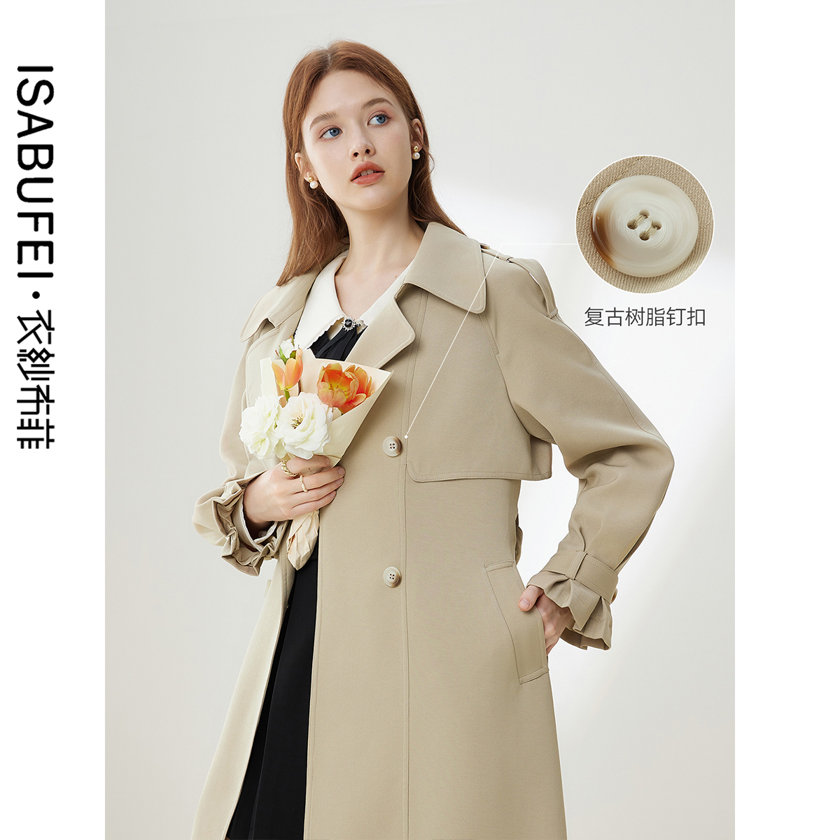 衣纱布菲松仙 风衣外套女2025春装高级长款卡其色流行厚大衣 - 图3