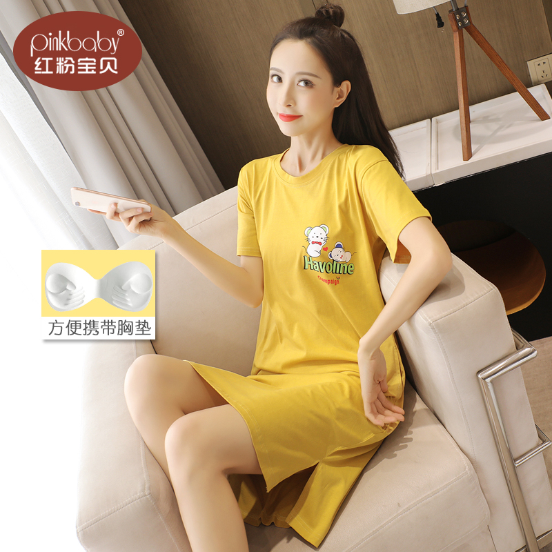 带胸垫夏季短袖纯棉卡通休闲睡裙 红粉宝贝服饰睡裙