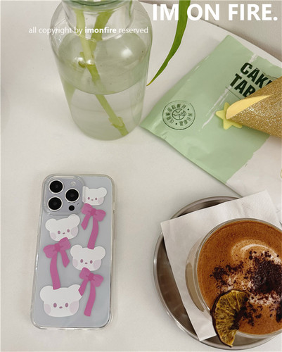 自制韩国ins粉色少女心芭蕾风蝴蝶结小熊iPhone14plus13promax12适用苹果11pro透明手机壳可挂绳软壳15pro16 - 图1