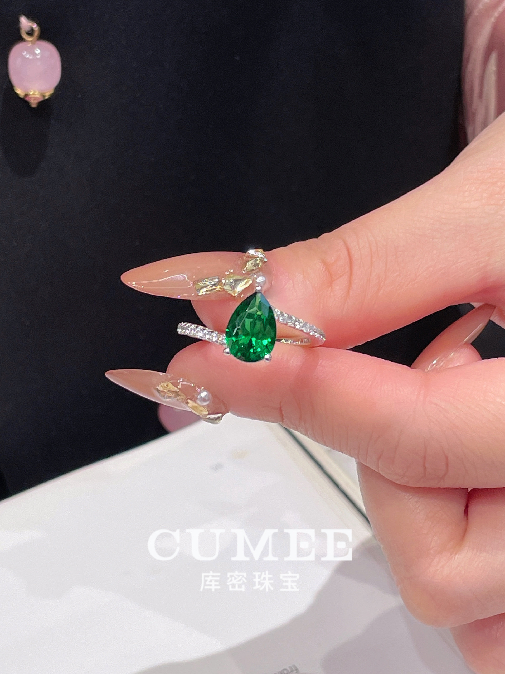 Classic and simple summer limited edition water drop synthetic simulated emerald women's ring. Silver and gold plated