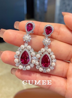 CUMEE复古培育红宝水滴耳坠