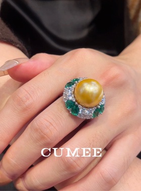 大牌设计款高光圆润金色贝珠戒指.银镀金