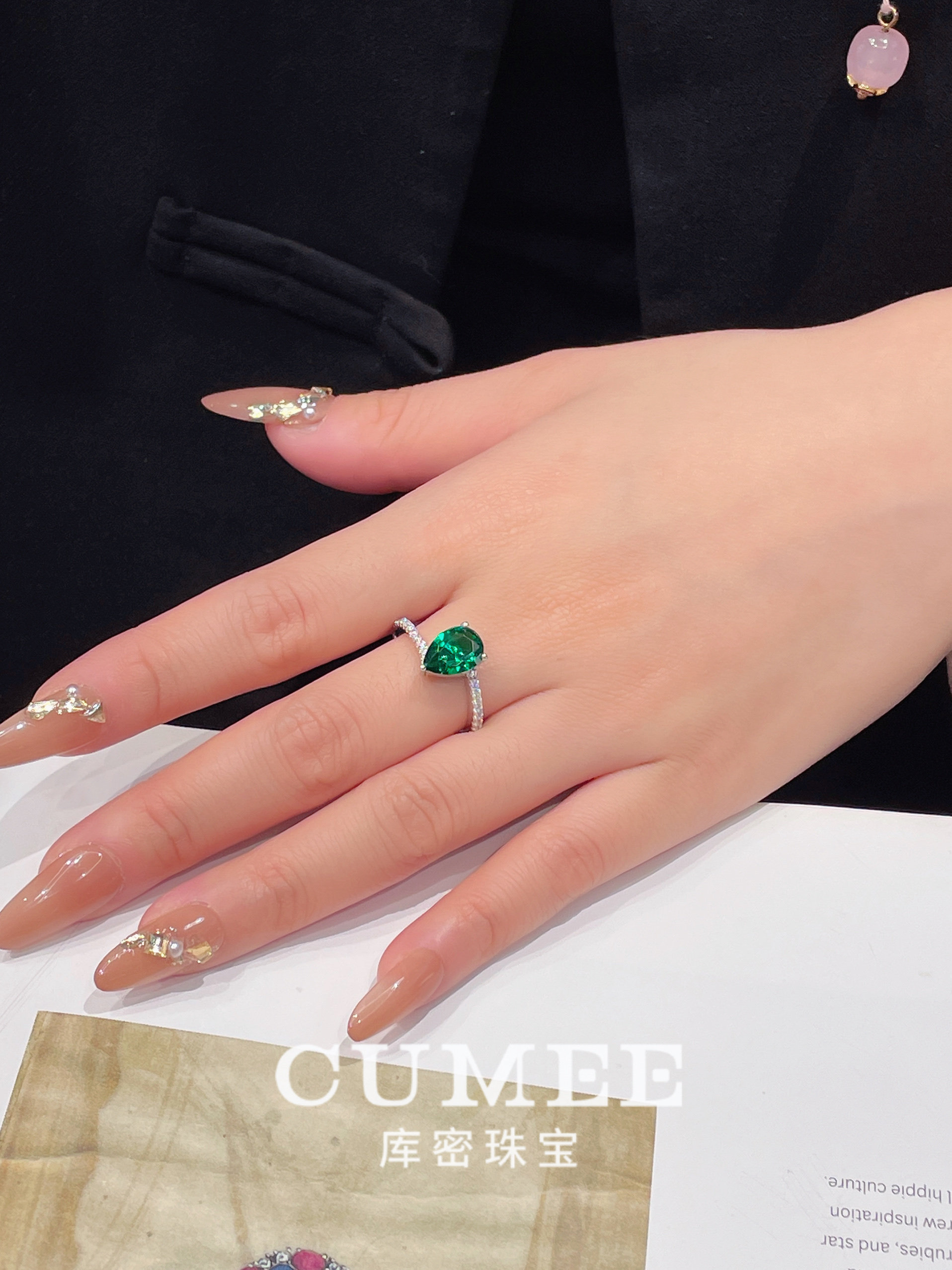 Classic and simple summer limited edition water drop synthetic simulated emerald women's ring. Silver and gold plated
